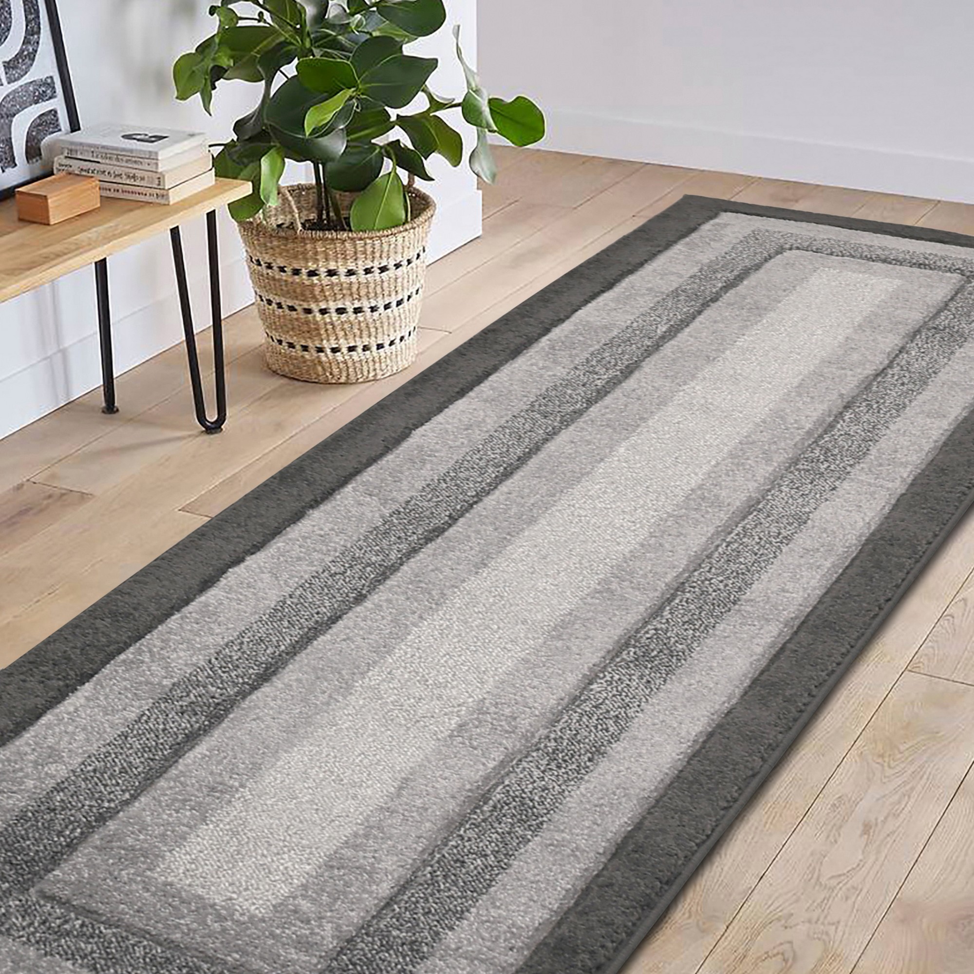 Sara Border Modern Geometric Carved Runner Rugs In Grey